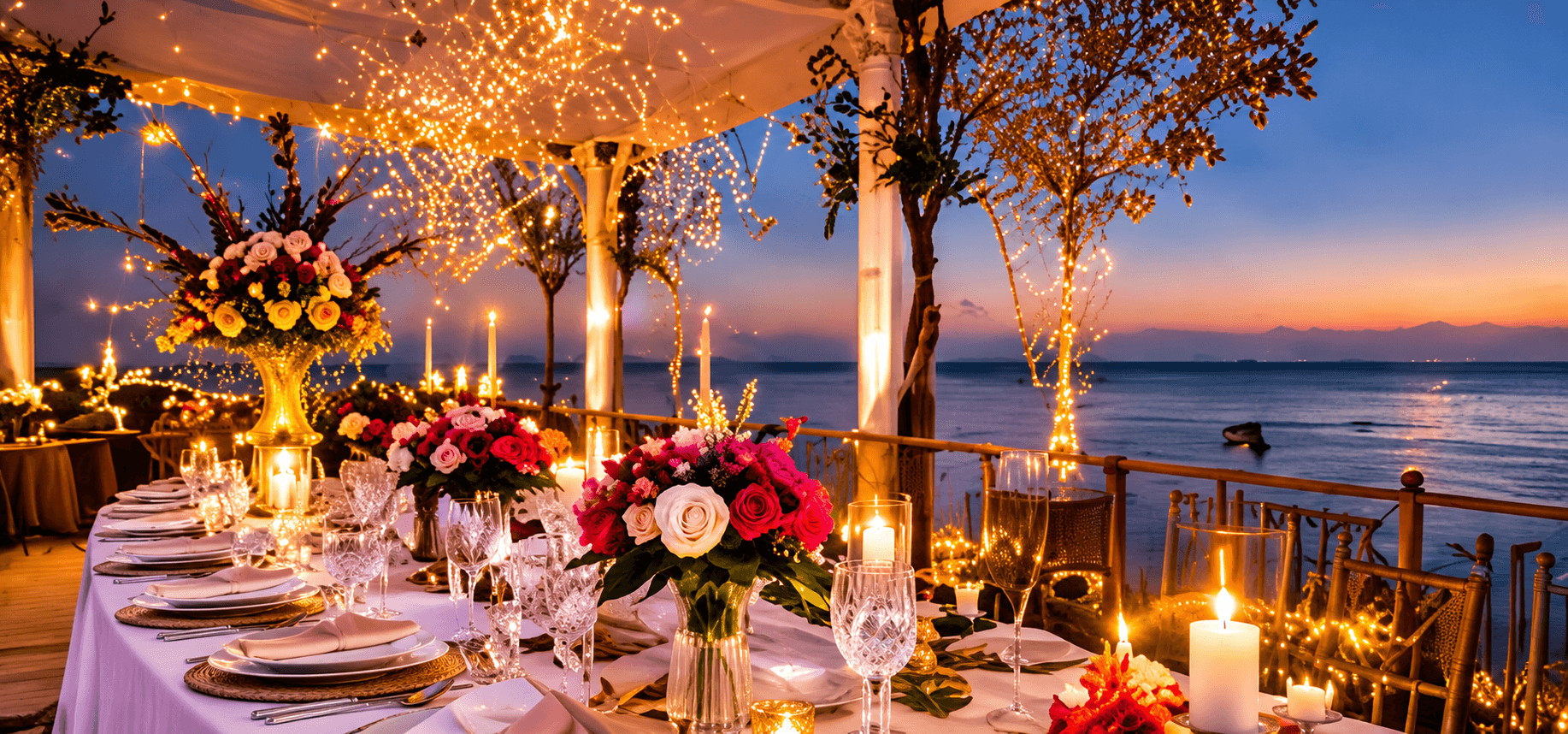 Candle-lit waterfront dinner table set for a celebration at sunset