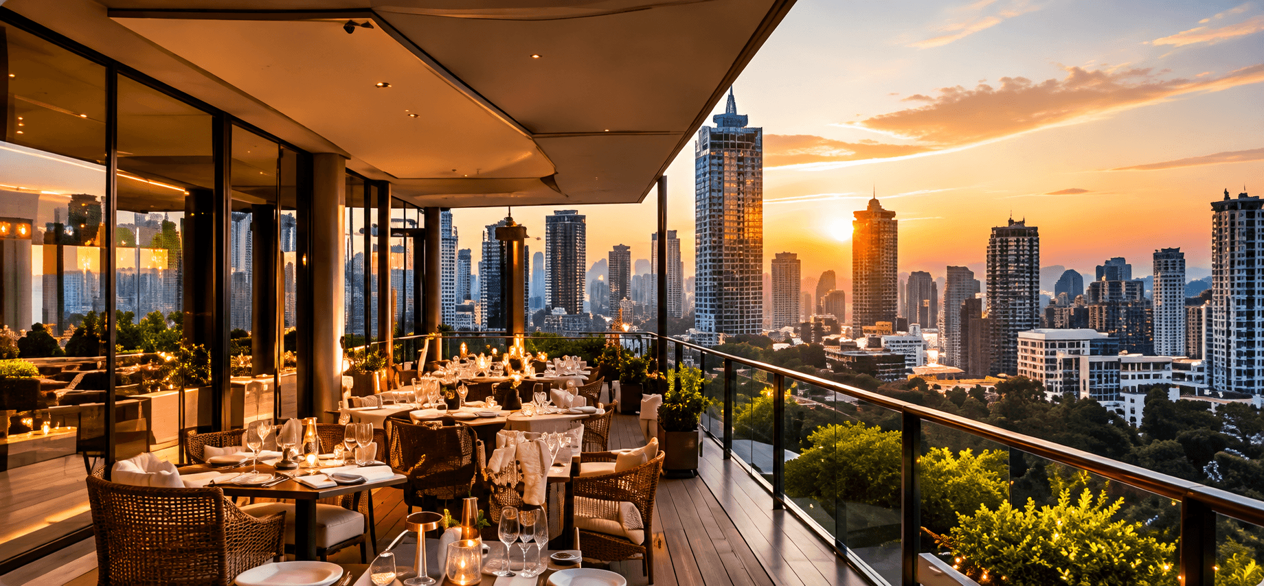 Rooftop restaurant terrace overlooking a city skyline at dusk