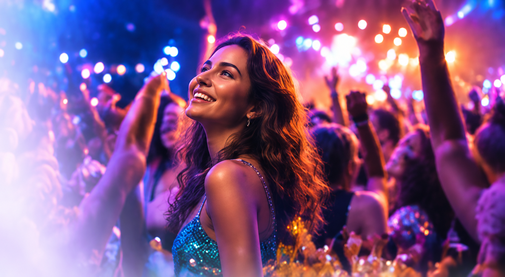Guests celebrating under colourful lights at a live event