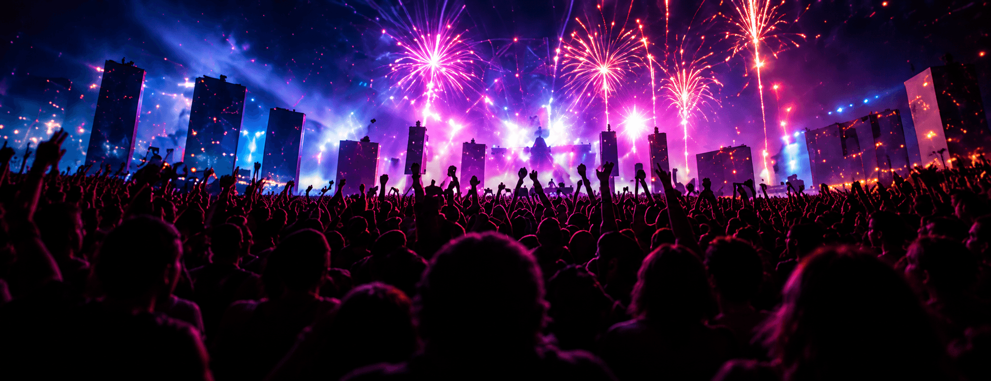 Crowd watching fireworks above a city festival stage