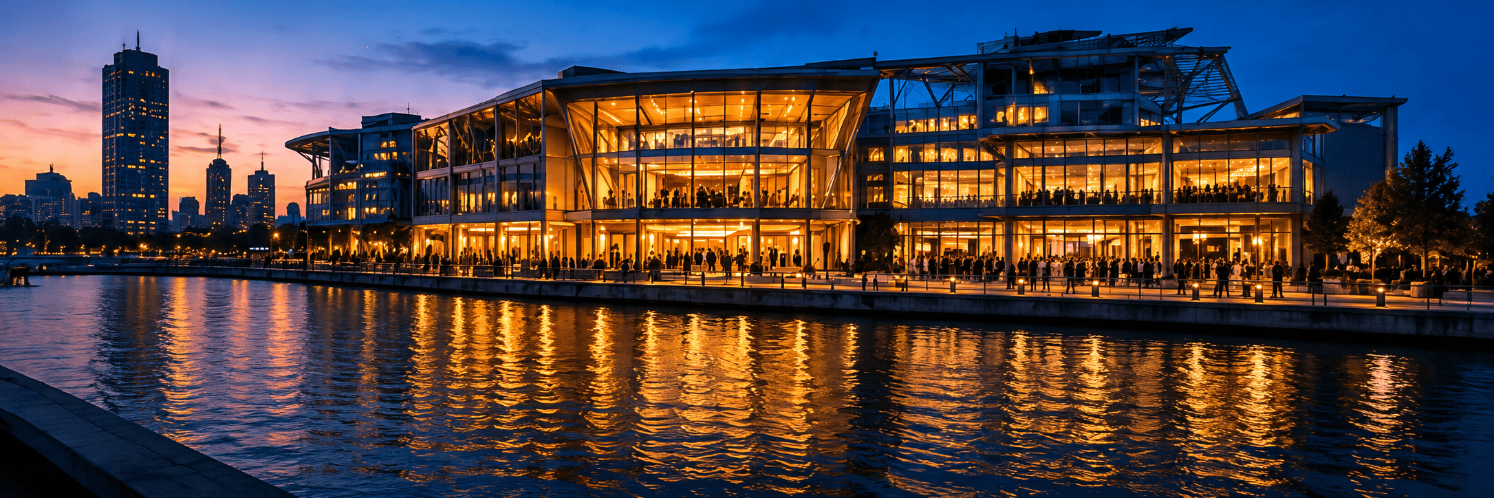 Waterfront event venue lit up at night